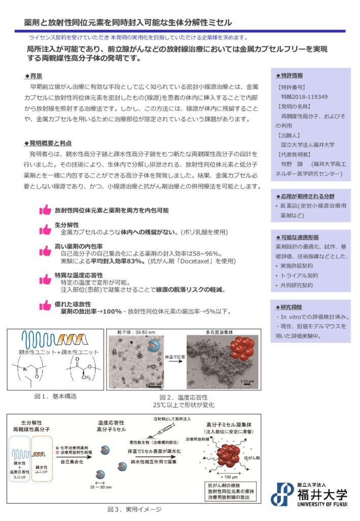 薬剤と放射性同位元素を同時封入可能な生体分解性ミセル